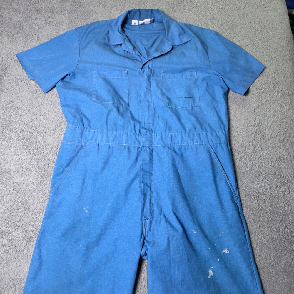 Dickies Mens 44 Medium Coveralls Blue Short Sleeve Workwear Distressed Heart